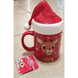 Rudolph the Red-Nosed Reindeer LET IT SNOW Ceramic Mug with Santa Hat Lid